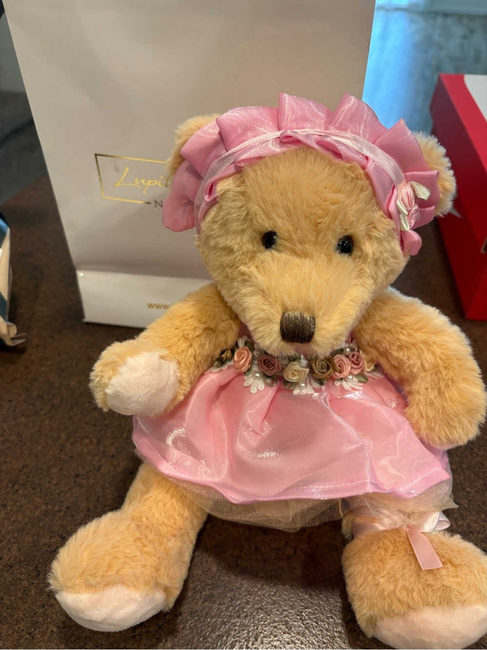 Plush Teddy Bear in Pink Dress and Headband - Decorative Kids Toy